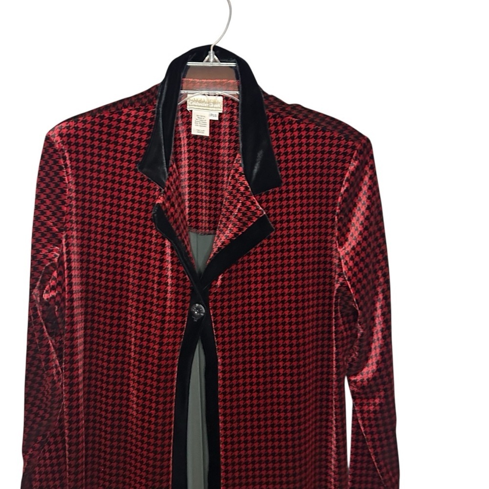 Coldwater Creek Velvet Houndstooth Long Jacket Red Black Petite Large